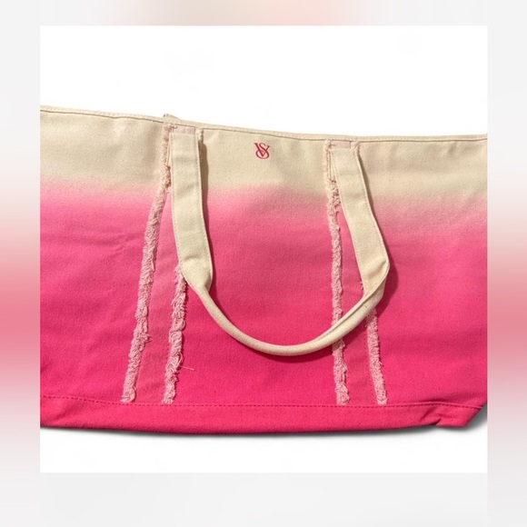 Pink Ombre Canvas Tote with Frayed Strip Detail Victoria Secret - Picture 2 of 5